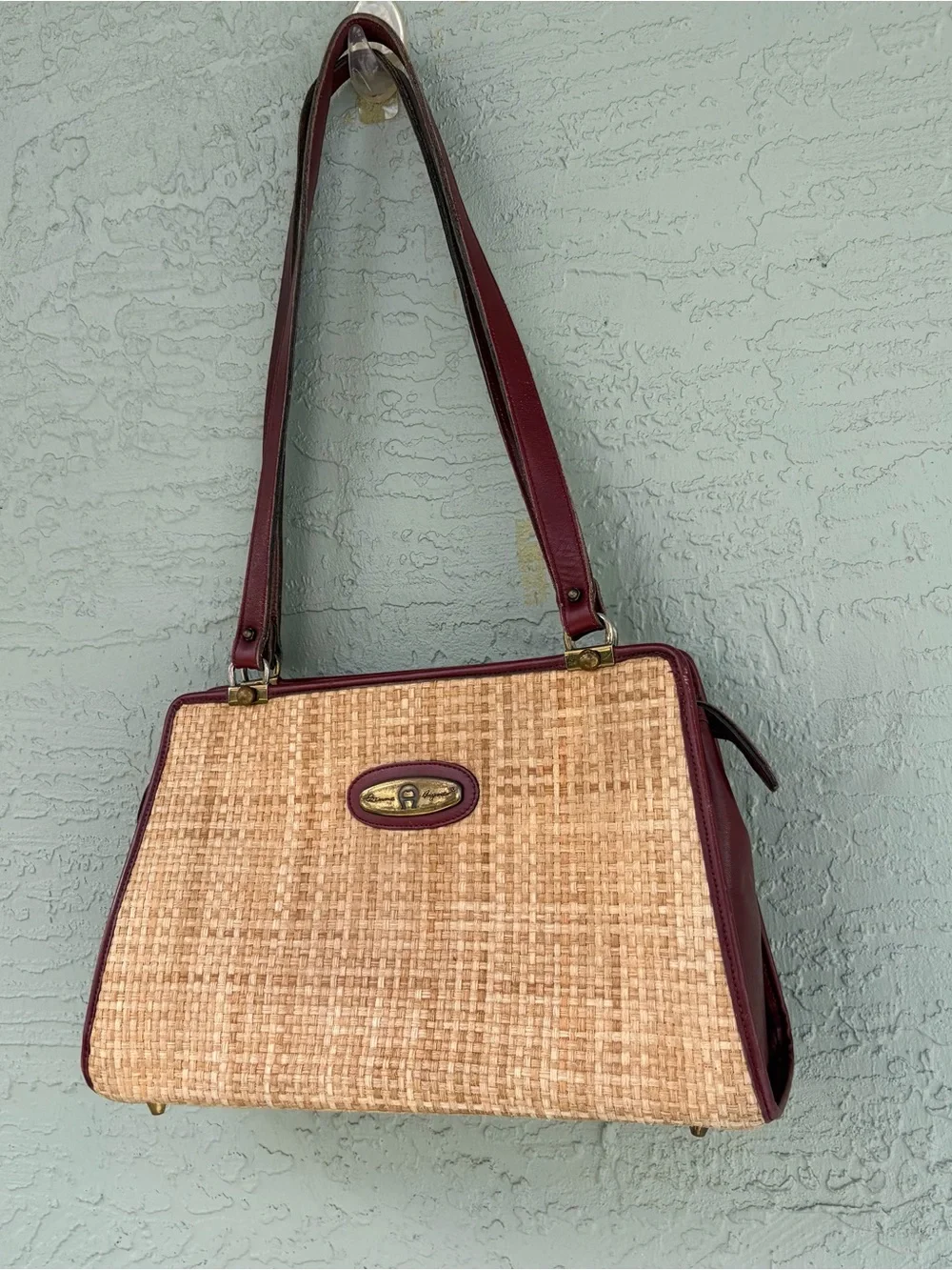 Vintage Etienne Aigner Natural Straw Shoulder Bag with Burgundy Trim - Picture 2 of 11